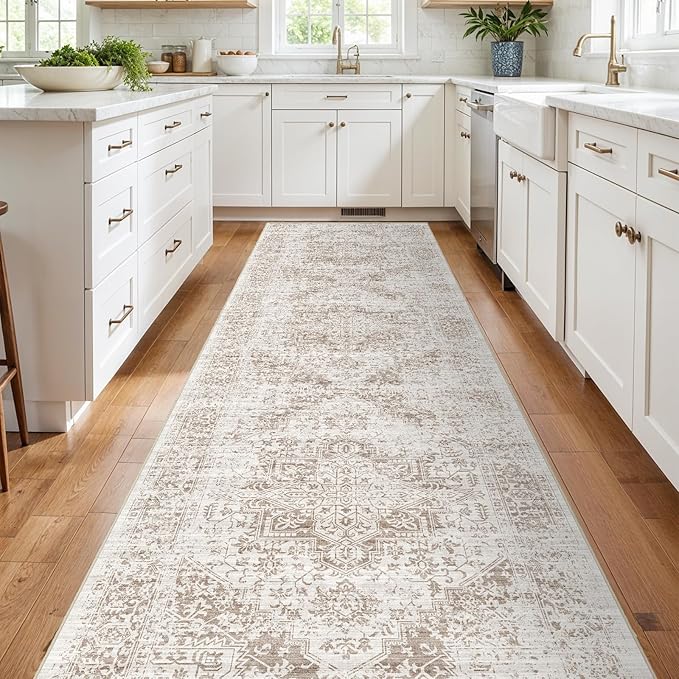4x12 Washable Hallway Runner Rug - Wide Kitchen Runners Vintage Low Pile Carpet Soft Thin Floor Runner with Rubber Backing for Entryway Bedroom Living Room Home Decor (Cream/Camel)