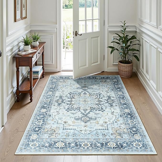 Lofus 5x7 Area Rugs for Living Room, Machine Washable Non-Slip Area Rug, Low Pile Large Rugs for Bedroom, Kitchen, Dining Room, Home Office, Vintage Oriental Print Rug, Blue Gold