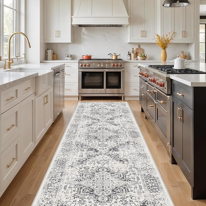 Hallway 3x10 Runner Rug - Vintage Non-Slip Long Rug for Entryway Low-Pile Washable Medallion Runner Rugs for Hallway Waterproof Traditional Runner Rug Indoor Thin Rug for Kitchen (Grey)