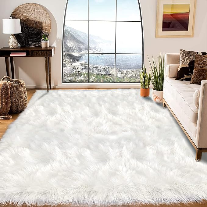 Latepis 12x12 Area Rugs for Bedroom White Faux Fur Rug Washable Super Fluffy Rug Faux Sheepskin for Living Room Floor Sofa Shag Rug Office Home Décor, Square