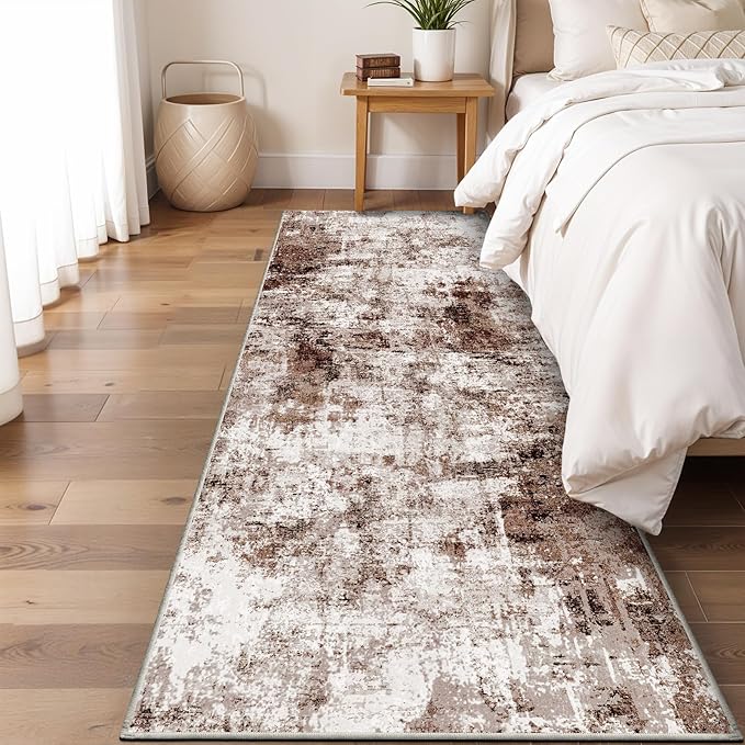 2x8 Washable Runner Rugs for Hallway: Easy-to-Clean Abstract Runners for Entryway Bedroom - Stain and Water Resistant Rugs with Non-Slip Backing - Soft Low-Pile Carpet Brown Khaki White
