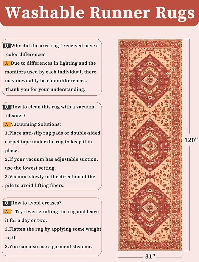 SERISSA Runner Rug for Hallways, 2'6"x10' Washable Non Slip Kitchen Runner Rug, Long Boho Rug Vintage Red Hallway Stair Ultra Soft Print Floor Carpet for Bedroom Bathroom Laundry Room