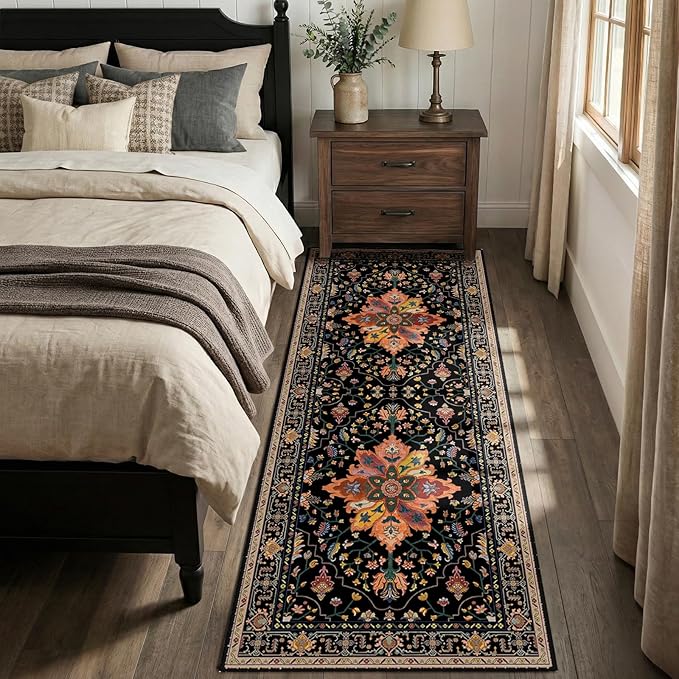 RELEANY Area Rugs 2'x6' Runner Rug Non Slip Washable for Kitchen Hallway Bedroom Beside Laundry Room Bathroom Rug, Floor Carpet, Black Colorful Floral Dark Tan