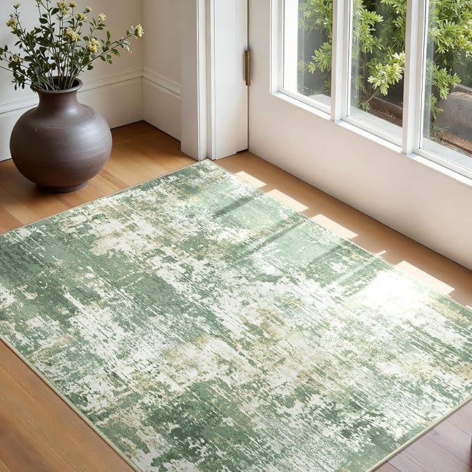 Washable Area Rugs 3'x5' Non-Slip Modern Abstract Soft for Living Room Entryway Bedroom Nursery, Print Pattern, Light Green/Yellow