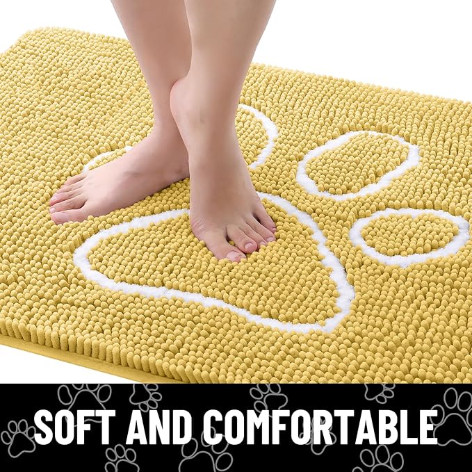 Smiry Dog Door Mat for Muddy Paws, Absorbent Dirt Trapper Non Slip Quick Dry Washable Chenille Mat for Mud Dogs, Entry Rug for Indoor and Outdoor (30x20 Inches, Yellow and White)