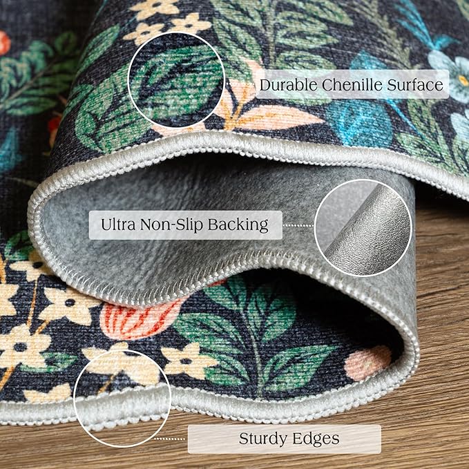 Front Door Mat Outside Entrance - 2x3 Black Floral Non-Slip Washable Doormat Indoor Outdoor Mat Boho Vintage Entry Rug Small Throw Rugs for Entryway Kitchen Front Porch Decor