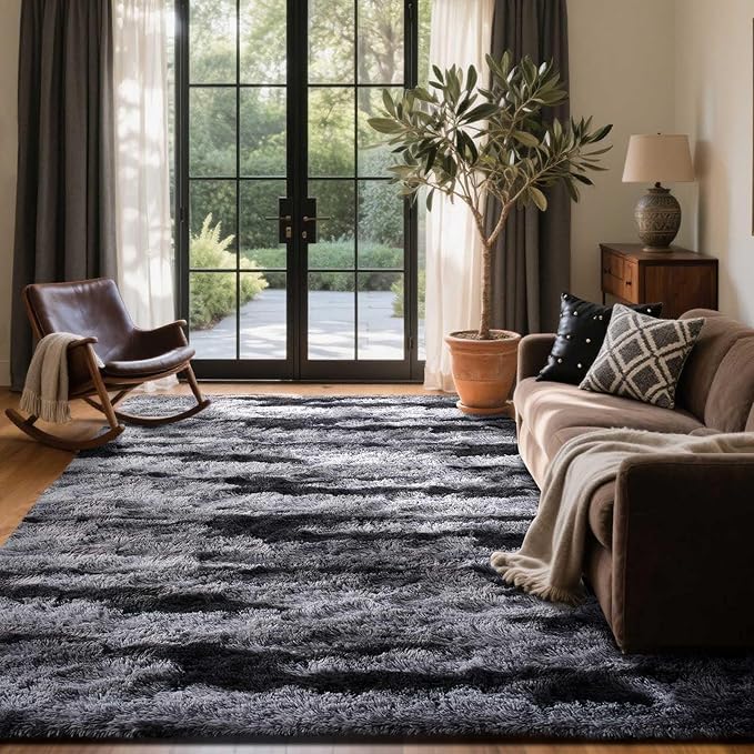 5x7 Ft Large Shag Rugs for Bedroom Living Room for Men Boys, Tie Dyed Ultra Soft Fluffy Furry Area Rug for Indoor Floor, Aesthetic Carpet for Home Decor (Black)