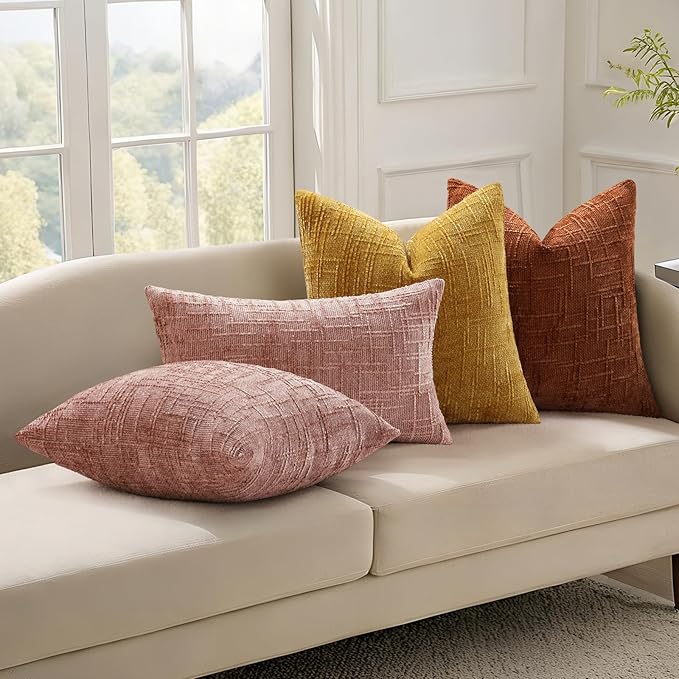 decorUhome Summer Pink Chenille Throw Pillow Covers 12x20 Set of 2 Textured Soft Cozy Slubby Couch Pillow Covers Modern Farmhouse Boho Decorative Pillow Cases for Bed Sofa Living Room