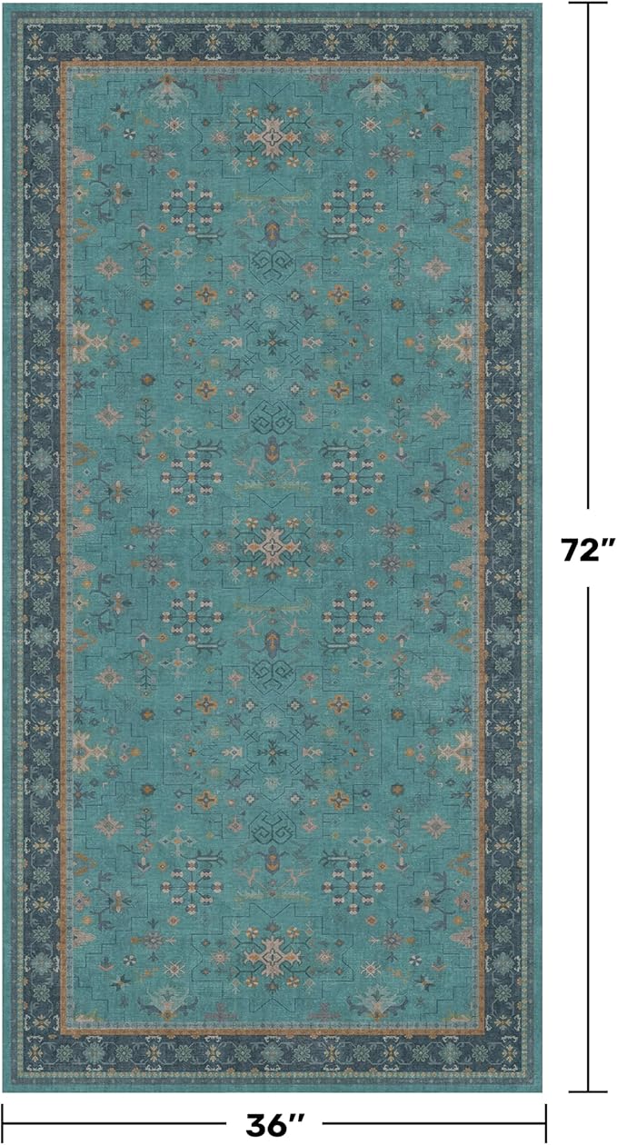 Hazo Haus Teal 3x6 Wide Non Slip Kitchen Rug - Washable Front Door Runner Indoor Entrance, Vintage Floral Pattern Indoor Decor, Non Slip Soft Low Pile Fade Resistant
