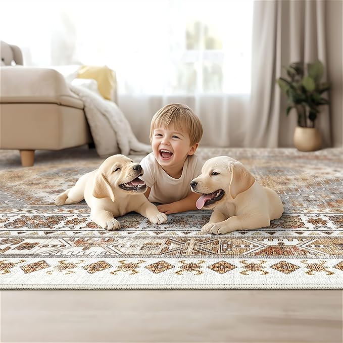 Area Rugs 5x7, Ultra-Thin Washable Rugs for Living Room, Anti-Slip Backing Area Rug for Bedroom, Soft Floral Vintage Home Decor Rug for Dining Room(Orange,5'x7')