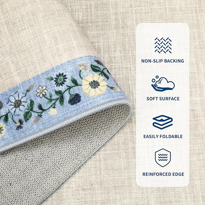 GarveeHome 4x6 Area Rugs for Bedroom Living Room Machine Washable Rugs Floral Bordered Small Carpet Non-Slip Stain Resistant Accent Carpet for Dining Room Table Apartment Office, Beige