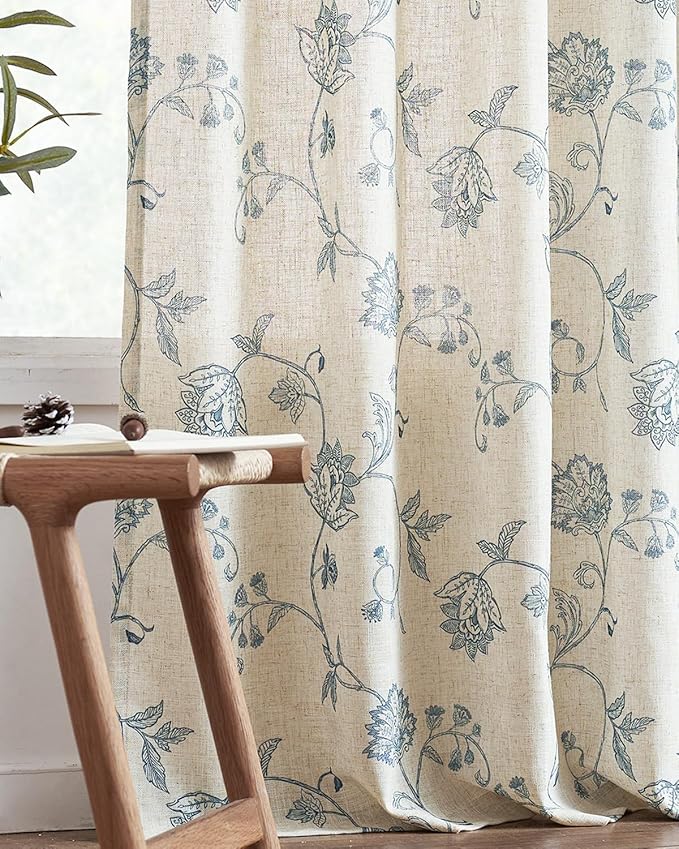 jinchan Linen Curtains Floral Curtain 84 Inch Length for Living Room Bedroom Light Filtering Rod Pocket Back Tab Jacobean Curtains Flax Linen Texture Window Drapes Set 2 Panels Blue on Linen
