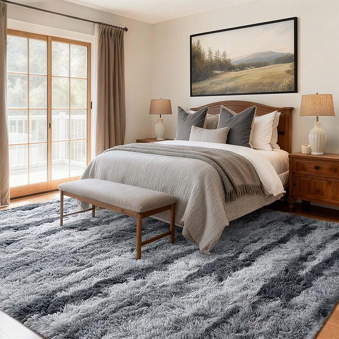 8x10 Ft Extra Large Shag Rugs for Living Room, Tie Dyed Ultra Soft Fluffy Furry Area Rugs for Bedroom Indoor Floor, Aesthetic Carpet for Kids Home Decor (Grey)