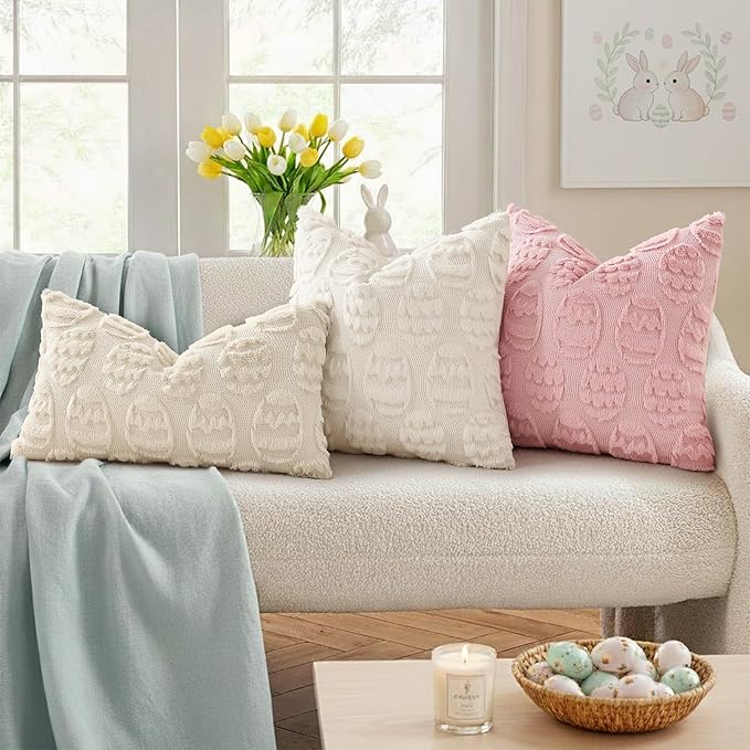 decorUhome Easter Cream White Egg Pillow Covers 18x18 Inch Set of 2, Soft Plush Faux Wool Jacquard Cushion Covers, Farmhouse Neutral Fuzzy Spring Easter Holiday Decor for Couch Sofa Bed