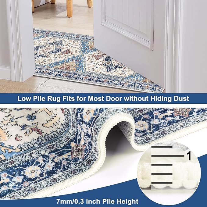 Yamaziot Washable Runner Rug, 2x8 Non-Slip Boho Vintage Hallway Rug with Rubber Backing, Low Pile Faux Wool Distressed Carpet Runner for Bedroom, Kitchen, Laundry, Entrance