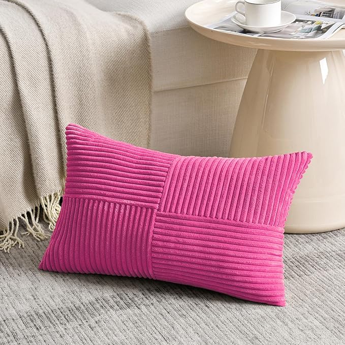 Fancy Homi 2 Packs Hot Pink Long Lumbar Decorative Throw Pillow Covers 12x24 Inch for Couch Bed Sofa, Rustic Farmhouse Boho Home Decor, Soft Striped Corduroy Rectangle Accent Cushion Case 30x60 cm