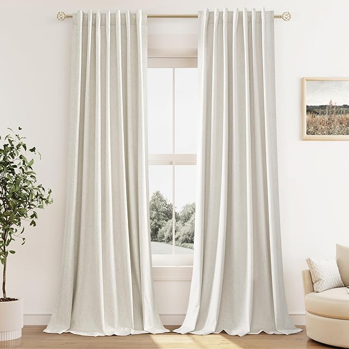 Guken Cream 100% Blackout Curtains 130 Inch Length 2 Panels Set for Living Room Bedroom Back Tab Thermal Insulated Black Out Linen Drapes Room Darkening Window Curtains