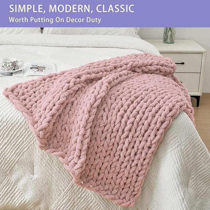 Bigacogo Chunky Knit Throw Blanket for Couch, 40x40 inches, 100% Hand Knitted with Thick Jumbo Chenille Yarn, Cozy Soft Large Rope Knot Cable Crochet Blankets for Sofa Bed Living Room, Dusty Pink