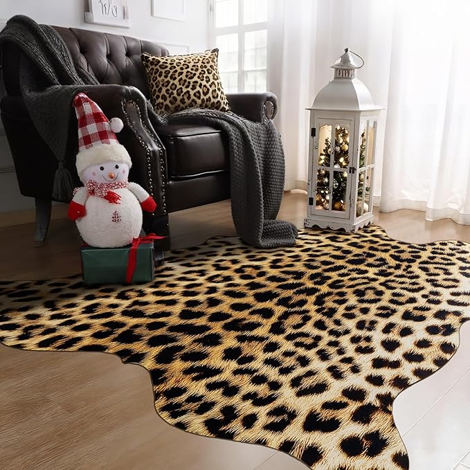 AROGAN Western Decor Faux Fur Leopard Rug, 4.6 x 5.2 Feet Premium Animal Skin Leopard Hide Rug, Sturdy Cheetah Print Rugs for Wall Decor, Western Floor Carpet for Bedroom Living Room, Black and Gold
