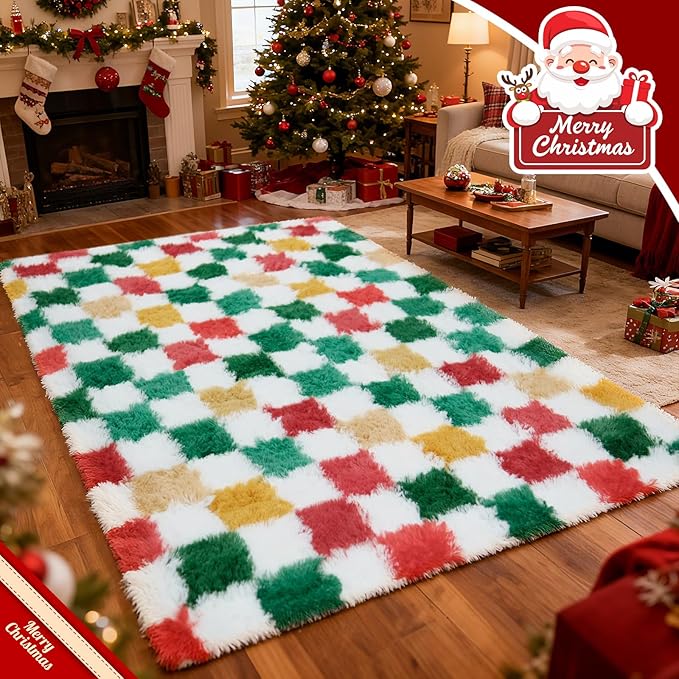 Checkered Area Rug 8x10 for Living Room Bedroom, Christmas Shag Rug Fuzzy Shaggy Bedside Carpet, Indoor Plush Floor Rugs for Kids Boys Girls Room Holiday Home Decor