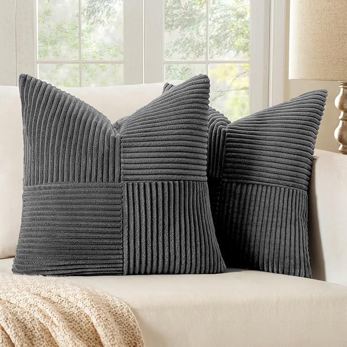 MIULEE Grey Decorative Throw Pillow Covers 20x20 Inch for Couch Bed Sofa Pack of 2 Boho Farmhouse Throw Pillows Soft Cross Corduroy Patchwork Textured Cushion Cases