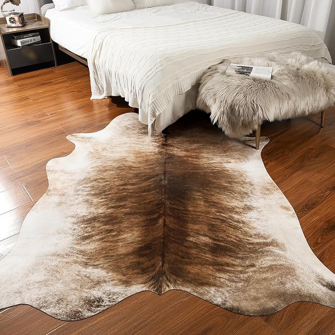 AROGAN 8x10 Feet Faux Cowhide Area Rugs for Living Room, Animal Skins Cow Hide Rug for Bedroom, Cool Western Christmas Decor, Thin Leather Cow Hide Carpets Fireplace Rug, Brownish