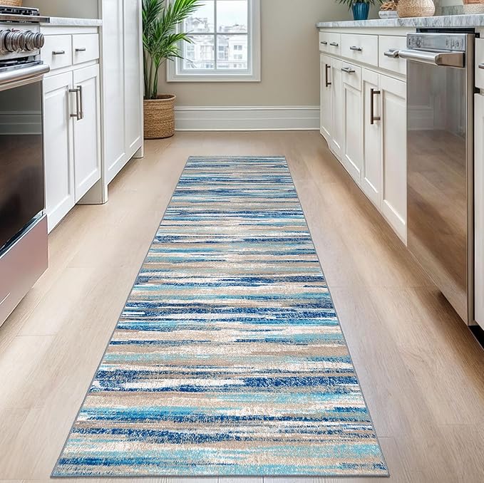 Lansny Modern Abstract Runner Rug 2.6x8, Blue Washable Kitchen Runner Non-Slip Soft Hallway Rug Runner Thin Print Faux Wool Carpet for Entryway Bedroom Laundry Room Indoor Home Decor