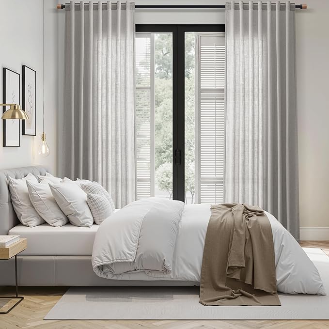 Nanspring Light Gray Linen Curtains 63 Inch Length for Living Room Back Tab and Rod Pocket Semi Sheer Curtain Simple Modern Coastal Room Decor Light Filtering Grey Drapes for Bedroom 52x63, 2 Panels