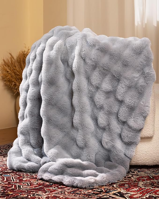 Ultra Soft Cozy Faux Fur Throw Blanket, Fuzzy Plush Thick Bubble Blanket, Oversize Luxury Fluffy Blanket for Couch, Bed, and Living Room, 50x60 Inches, Light Grey