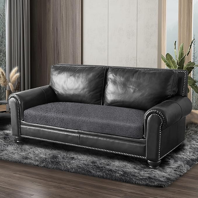 Leather Look Couch Cushion Covers Sofa Seat Slipcovers Sets Couches Furniture Protector for Sectional Armchair Loveseat Pets Kids Stretch Spandex Fabric (1 Cushion Loveseat, Dark Grey)