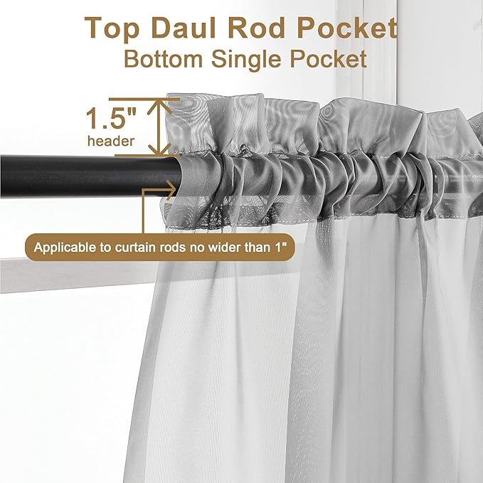 Chyhomenyc Light Grey Sheer Curtains 30 inch Length 2 Panels, Light Filtering Voile Rod Pocket Short Window Curtians for Bathroom Living Room Farmhouse Small Windows, 42Wx30L inches