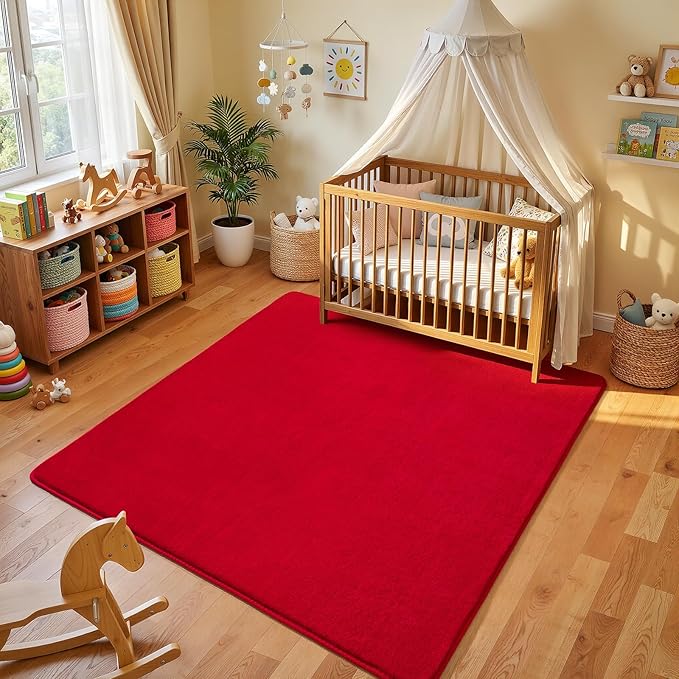 Amearea 4x4 Square Area Rugs for Bedroom Living Room, Modern Red Thickened Memory Foam Rug, Fluffy Indoor Washable Rug Non Slip Minimalist Carpet for Entryway Kids Boys Girls Dorm Nursery Room Decor