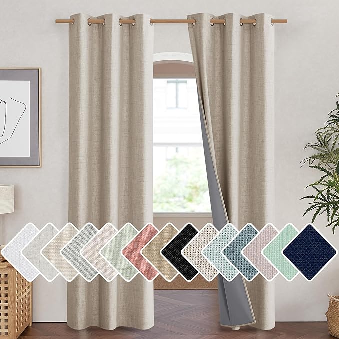 NICETOWN Oatmeal Full Blackout Boho-Chic Linen Curtains 84 inch Long 2 Panels Set for Cafe Window, 42 inch Wide, Thick Linen Blend Drapes, Insulated Window Covers Draperies with White Backing