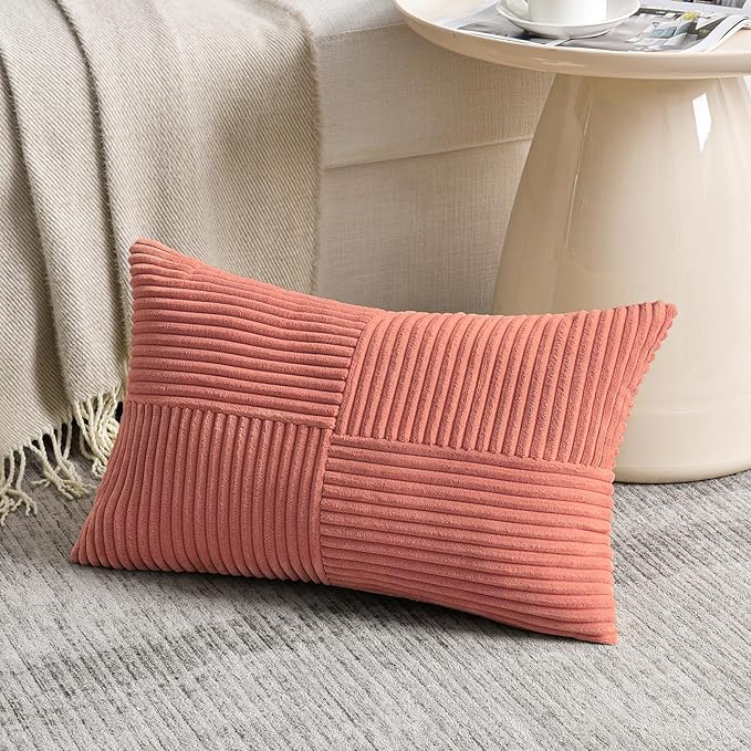 Fancy Homi 2 Packs Coral Lumbar Decorative Throw Pillow Covers 16x26 Inch for Couch Bed Sofa, Rustic Farmhouse Boho Home Decor, Soft Striped Corduroy Rectangle Accent Cushion Case 65x40 cm
