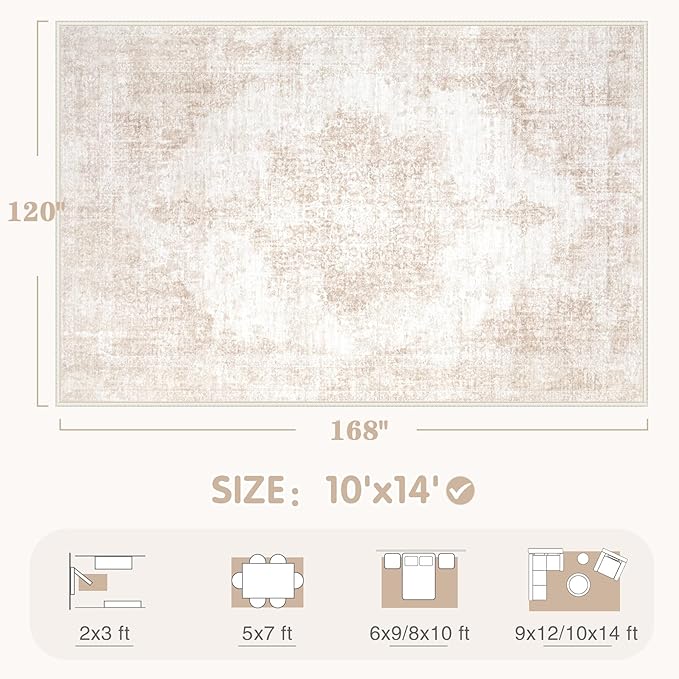 Area Rug 10x14 Vintage Rugs: Large Washable Living Room Rug Retro Medallion Distressed Soft Low Pile Non-Slip Rugs Indoor Floor Carpet for Bedroom Nursery Dining Table Office (Beige/Brown,10'x14')