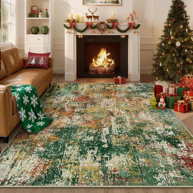 Washable Area Rugs 3'x5' Non-Slip Modern Abstract Soft for Living Room Entryway Bedroom Nursery, Print Pattern, Green Orange Rust Red Cream Colorful