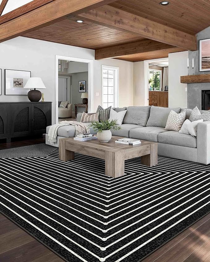Latte&Fog 9x12 Area Rug for Living Room, Extra Large Black Modern Abstract Washable Rugs, Boho Non Slip Low Pile Carpet for Indoor Bedroom Dining Room, Office, Dorm, Classroom and Farmhouse
