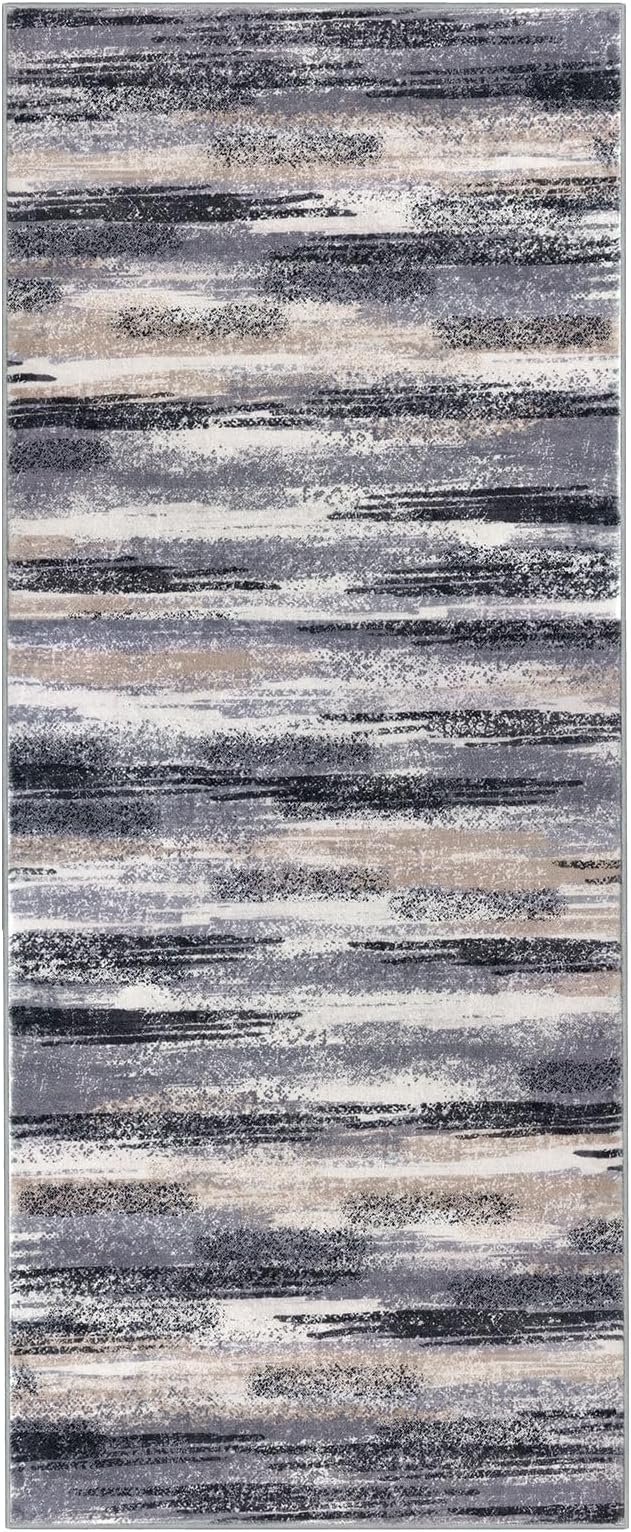 Lansny Modern Abstract Runner Rug 2x5, Grey Black Multi Washable Kitchen Runner Entryway Rug Mat Non-Slip Soft Hallway Rug Runner Thin Print Faux Wool Carpet for Bedroom Laundry Room Indoor