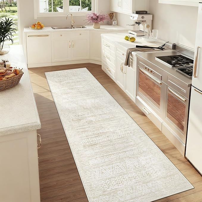 2x8 Washable Runner Rug: Moroccan Geometric Boho Rug Farmhouse Non Slip Stain Resistant Rugs Low Pile Soft Carpet for Porch Kitchen Laundry Room Living Room Bedroom (Ivory Beige,2'x8')