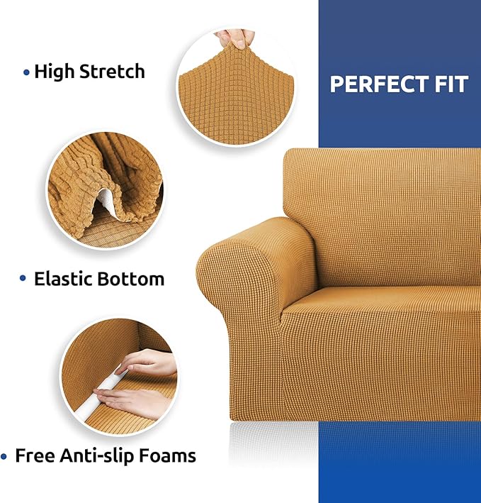 KEKUOU Stretch Sofa Cover Slipcover ，Couch Covers for 3 Cushion Couch Sofa pet Friendly (78"-94") Furniture Protector Sofa with Elastic Bottom for Kids,Dog, Jacquard Small Checked(Large,Golden)