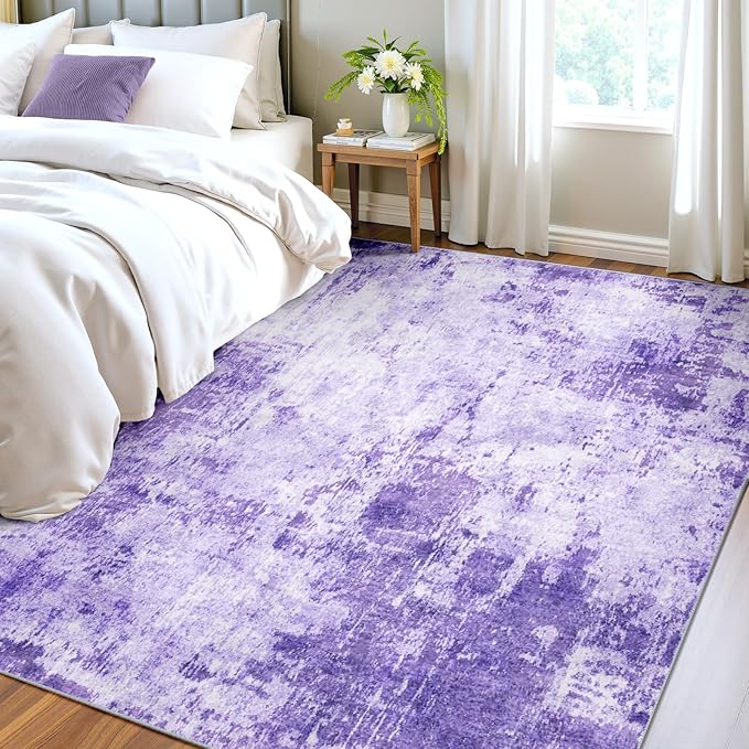 Washable Area Rugs 4'x6' Non-Slip Modern Abstract Soft for Living Room Entryway Bedroom Nursery, Print Pattern, Purple Gray Pink White