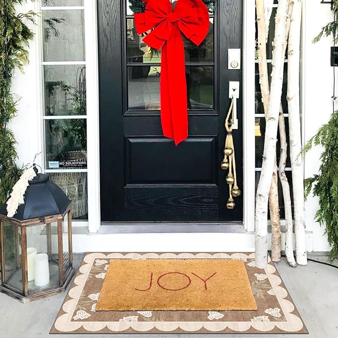 Front Door Mat Outside Entrance - 2x3 Floral Non-Slip Washable Doormat Indoor Outdoor Mat Tan Neutral Farmhouse Scalloped Entry Rug Small Throw Rugs for Entryway Kitchen Front Porch Decor