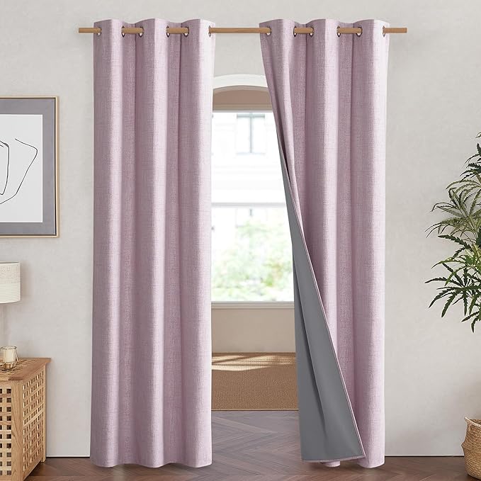 NICETOWN Pink Vintage Linen 100% Blackout Curtains for Living Room, Thermal Insulated Curtains 84" Long, Noise Reducing Window Treatment Drapes for Hall Room, 42" Wide Per Panel, Set of 2