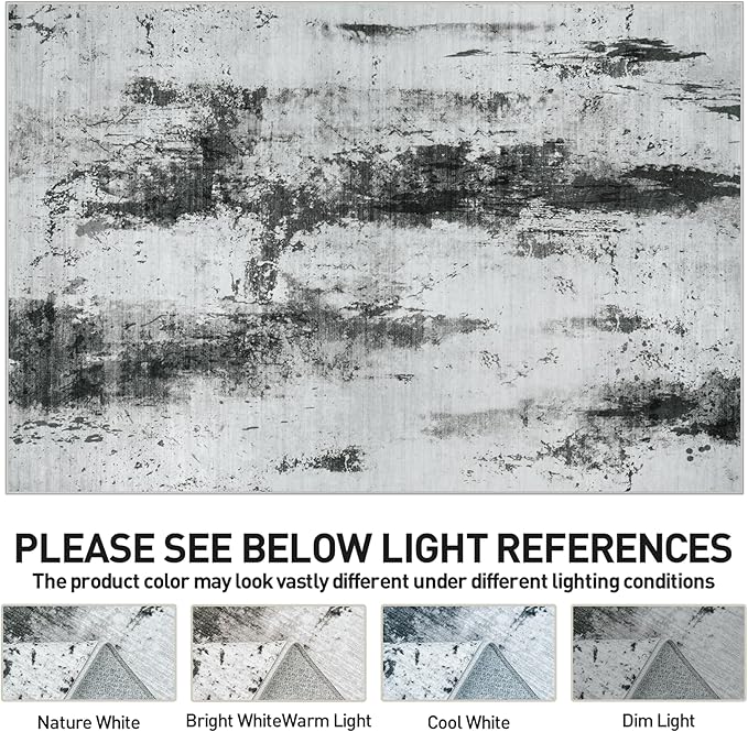 9x12 Area Rugs Washable Rug: Modern Abstract Living Room Rug Soft Anti-Skid Thin Carpet Indoor Floor Non-Shedding Carpets for Bedroom Dining Room Farmhouse Nursery Home Office Black White Grey