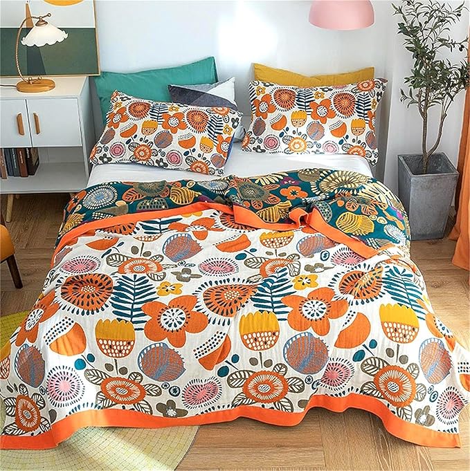 Throw Blanket Queen Size Fall Blanket for Couch Bed 80''x90'',100% Cotton Woven Muslin Blankets Travel Soft Warm Mexican Blankets Boho Quilt Home Decor for Women
