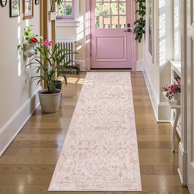 Area Rug Runner 3x7 Pink Ivory Floral Tufted Polyester