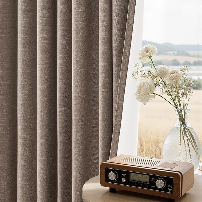 96 inch long linen blackout curtains 2 Panels 100% Black out Linen texture Curtain Modern Farmhouse Dark Flax Window Drapes with Back Tab Rod Pocket Room Darkening Thermal for Bedroom Living Room