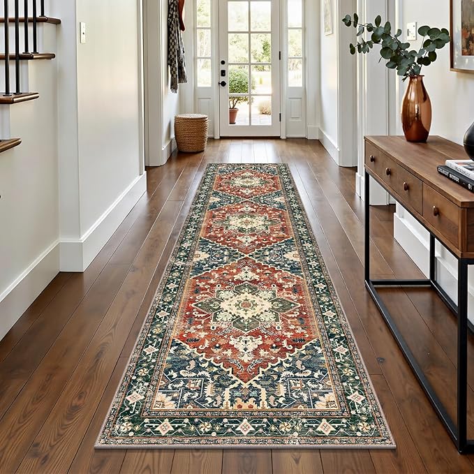 Yamaziot Washable Runner Rug, 2x8 Non-Slip Boho Vintage Hallway Rug Runner with Rubber Backing, Stain Resistant & Low Pile Faux Wool Distressed Carpet Runner for Kitchen, Laundry, Entrance, Brick Red