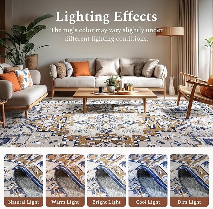 Rugflix 9x12 Area Rug for Living Room, Machine Washable Area Rugs with Non-Slip Backing, Large Soft Boho Vintage Rug for Bedroom, Dining Room, Low Pile Carpet, Kids Pet Friendly, Brown Beige