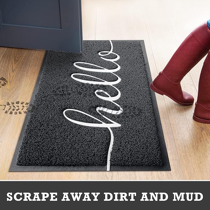 CozyBounty Door Mat Hello Mats Outdoor Indoor Non-Slip Doormat for Entryway Low-Profile Floor Mat for Yard, Garage, High Traffic Areas (30"x17.5", Black)
